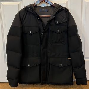 Mens Polo Ralph Lauren black virgin wool and duck down hooded jacket M